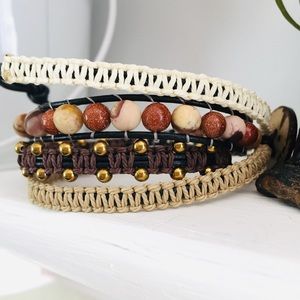 Leather Gold Stone And Zebra Jasper Wrap Bracelet